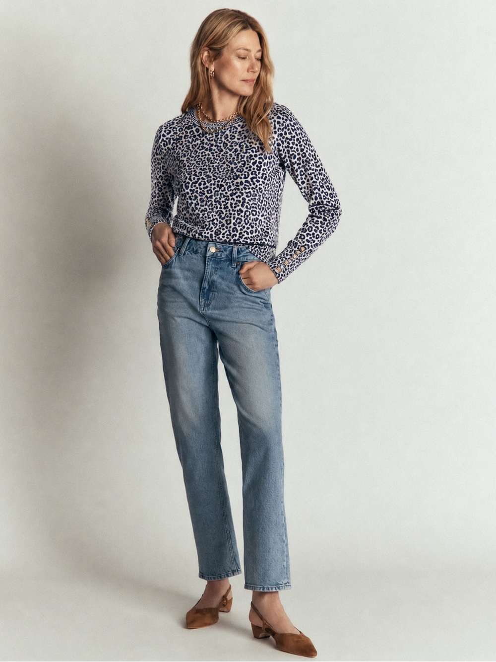 Boden Leopard Print Button Cuff Fine Knit Sweater Crewneck Women Size S